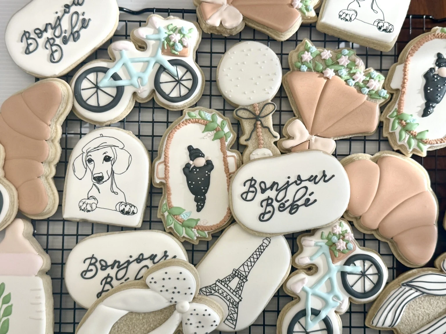 Bonjour Bébé Paris-themed baby shower decorated sugar cookies